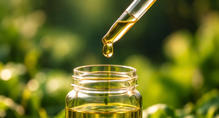 Herbal oil drop in a glass jar
